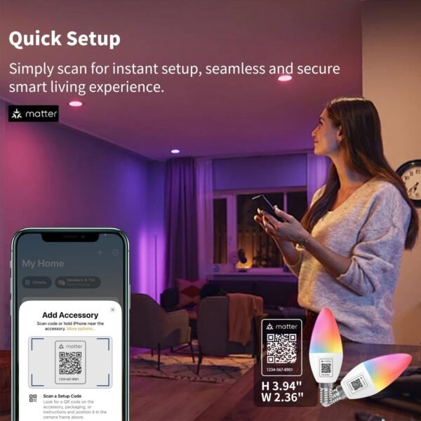 Homekit Smart Light, Matter LED Color Changing Candelabra Bulbs, E12 Base, 2.4G WiFi, 40W Equivalent, Dimmable, Apple Home, Alexa & Google Home, Tuya/Smart Life Compatible (1) - Image 2