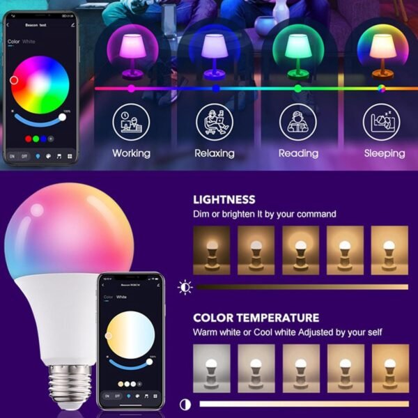 Smart Light Bulbs,WiFi & Bluetooth LED Light Bulb That Compatible with Alexa & Google Home, Color Changing Light Bulb, 10W A19 E26 2.4Ghz WiFi Light Bulbs 60 watt Equivalent, 800lm Dimmable - Image 3