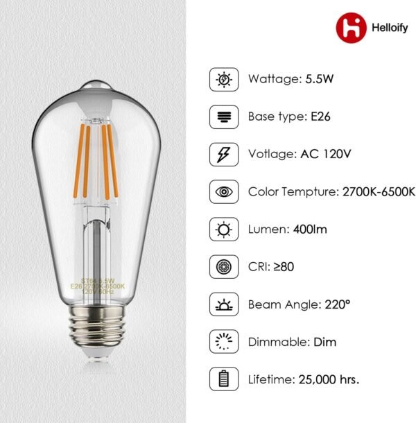 Edison ST19(ST64) WiFi LED Smart Bulb, Filament Vintage Style, Tunable White Changing, Compatible with Alexa Google Home (No Hub), E26, 2700K-6500K, 2Pack, Daylight White, 5watt - Image 6