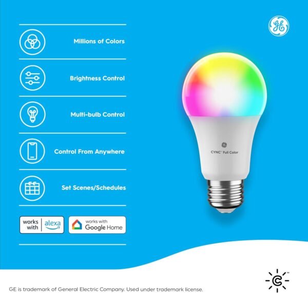Cync GE A21 Smart LED Light Bulbs, Color Changing Room Decor, Bluetooth and WiFi Light Bulbs, 100W Equivalent, Work with Amazon Alexa and Google Home (2 Pack) - Image 2