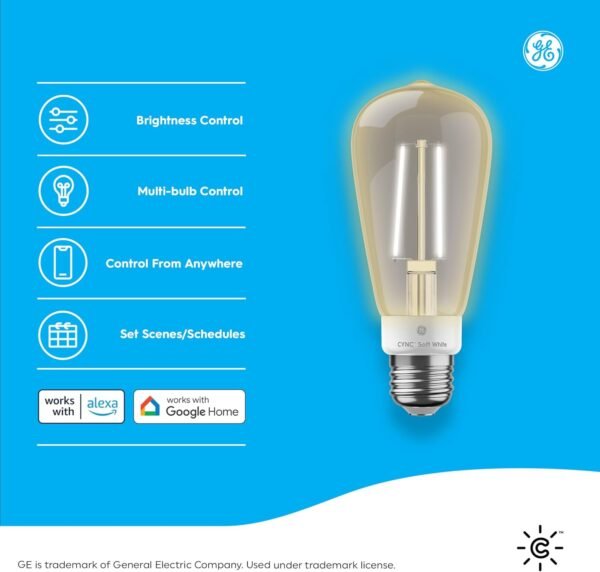 Cync GE Smart LED Light Bulb, ST19 Edison Style, Works with Amazon Alexa and Google Home, WiFi Light, Soft White, 60W Equivalent, (Pack of 2) - Image 2