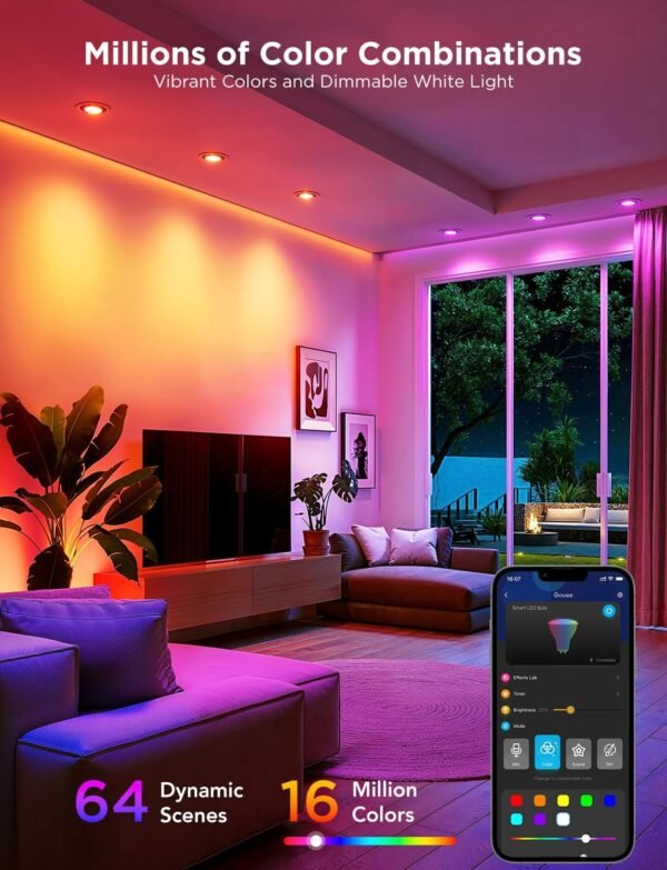 Govee GU10 LED Bulb, Smart GU10 Light Bulbs, Dimmable Color Changing Light Bulbs, 85 Dynamic Scenes, WiFi & Bluetooth LED Bulbs Work with Alexa, Google Assistant, Syncs with Music, 4 Pack - Image 3