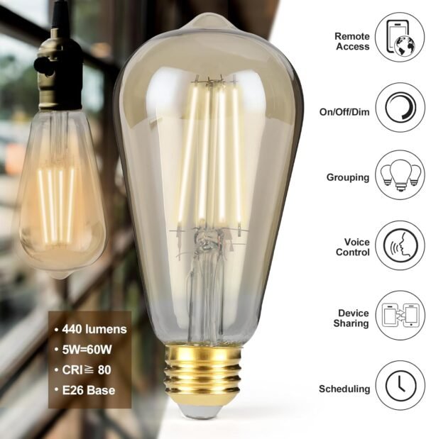 Smart LED Filament Bulb, Smart Light Bulbs Bluetooth and WiFi Vintage Filament Light Bulb Work with Alexa & Google Home, ST19 Smart Edison Bulb 2100k 60 Watt Equivalent, No Hub Required, 4 Pack - Image 2