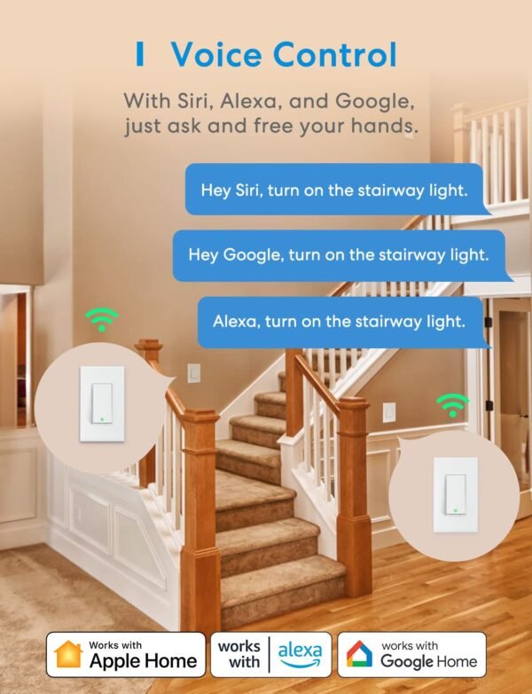 meross 3 Way Smart Switch, Smart Light Switch Supports Apple HomeKit, Siri, Alexa, Google Assistant & SmartThings, 2.4GHz WiFi Light Switch Neutral Wire Required, Remote Control Timer 1 Pack - Image 5