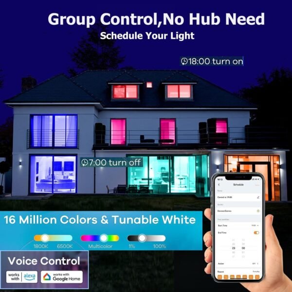 Smart Light Bulbs,WiFi & Bluetooth LED Light Bulb That Compatible with Alexa & Google Home, Color Changing Light Bulb, 10W A19 E26 2.4Ghz WiFi Light Bulbs 60 watt Equivalent, 800lm Dimmable - Image 4