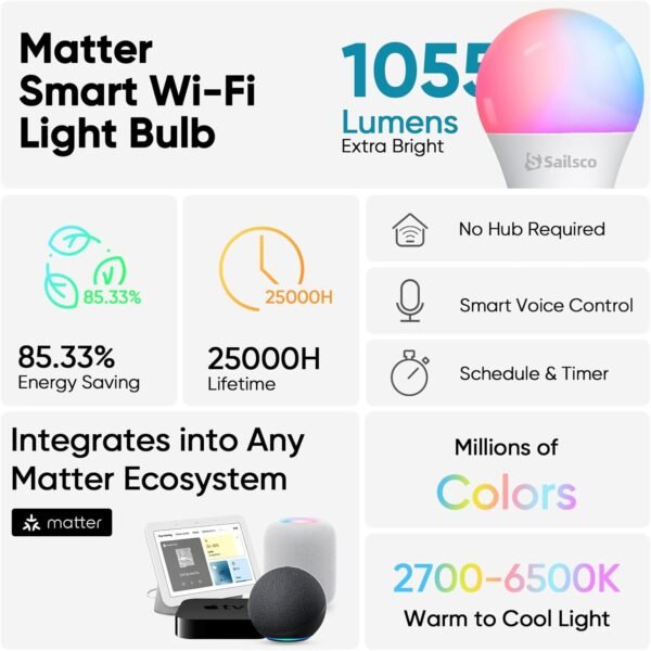 Matter Smart Light Bulbs,WiFi Smart Bulbs Work with Alexa/Google Home/Smart Life,RGBCW Color Changing LED Light Bulbs Music Sync,A21 E26 75W 1055LM,2.4Ghz WiFi Only,No Hub Required,2 Pack - Image 2