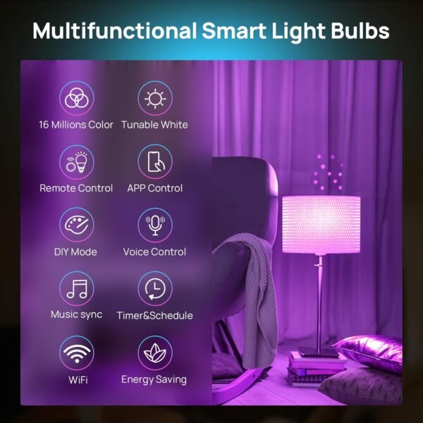 Consciot Smart Light Bulbs with Remote Control, LED Light Bulb That Works with Alexa & Google Home, Color Changing Light Bulb, A19 E26 2.4Ghz WiFi Light Bulbs 60 watt equivalent, 800lm Dimmable 6 Pack - Image 2