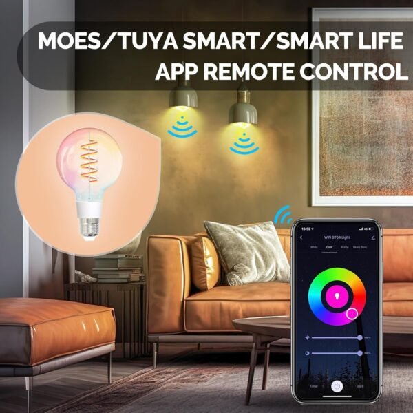 MOES Smart G80 Edison LED Light Bulbs, Color Changing WiFi G25 Smart Bulbs, 2700K-6500K CW& RGB Dimmable, Smart Life Remote Control, Work with Alexa/Google Home, 450lm 5W (50W Equivalent) 2 Pack - Image 2