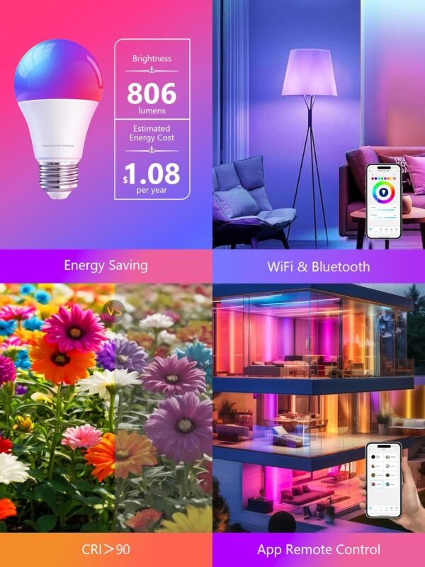 Brizled Smart Light Bulbs, Color Changing Light Bulb, RGBWW LED Light Bulbs App Control, E26 A19 Dimmable Smart Bulb Work with Alexa Google Home, 2.4Ghz WiFi Light Bulb, Music Sync, 9W, 806 LM, 4 Pack - Image 3