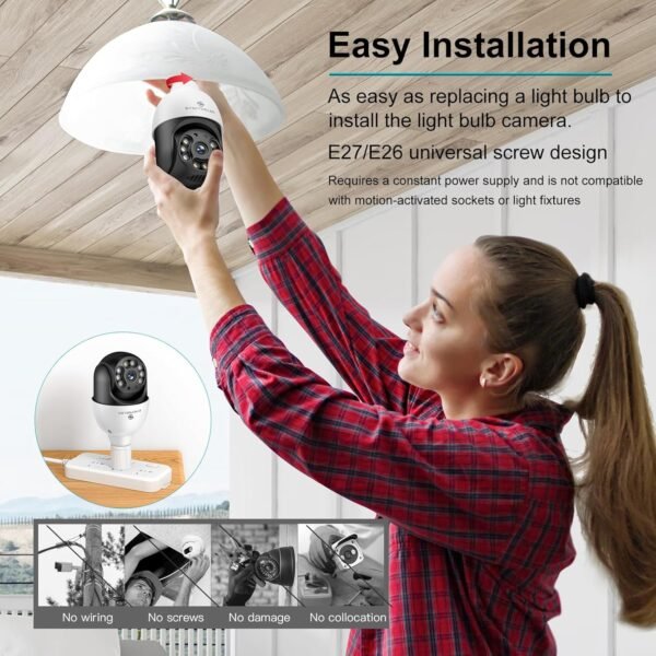 SYMYNELEC Light Bulb Security Camera Outdoor Waterproof 2.5K, 2.4GHz Wireless WiFi Light Socket Security Cam with AI Human Motion Detection Tracking Color Night Vision Works with Alexa Google (2 PCS) - Image 2