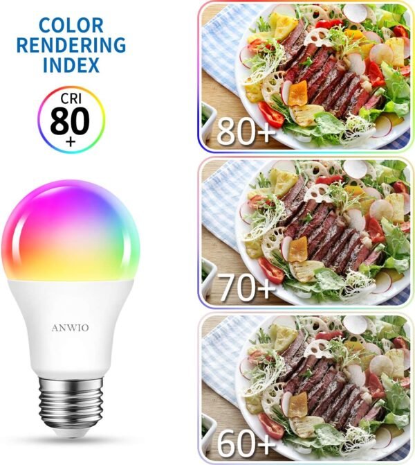 ANWIO 2-Pack Smart Light Bulbs 8.5W (60W Replacement) A19 E26 LED Bulb Work with Alexa, Google Assistant, Smart Life App, Tuya App, Color Changing, No Hub Required - Image 8