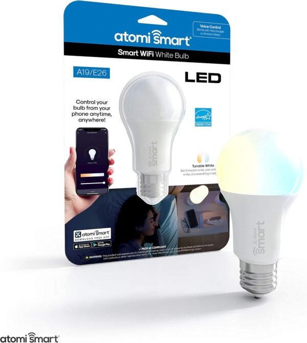 Atomi Smart WiFi White LED Bulb with Dimmable and Tunable White Light (2700K-6000K), E26 A19, No Hub Required, 60W Equivalent, Free App Download, Compatible with Alexa & Google Home, 1-Pack - Image 6