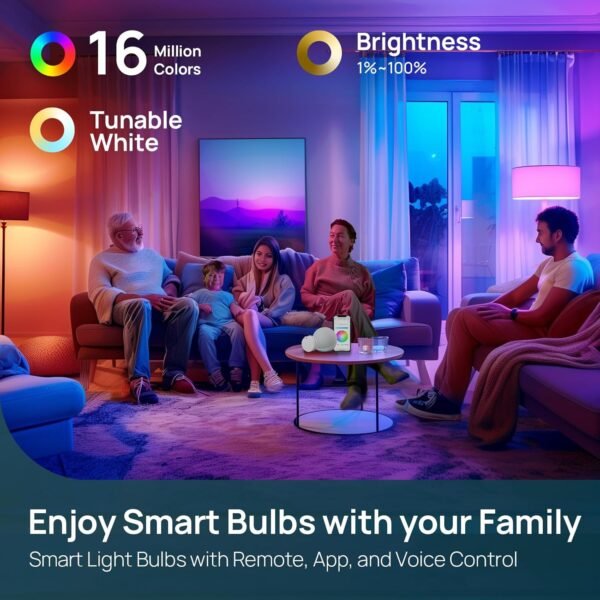 Linkind Smart Light Bulbs with Remote Control, Smart Bulb That Work with Alexa & Google Home, 16 Million Color Changing Light Bulbs 60W, A19 E26 2.4Ghz WiFi Light Dimmable,1800K-6500K,800lm 4 Pack - Image 2