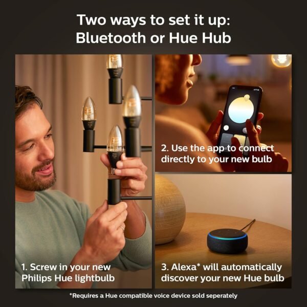 Philips Hue Smart 25W Candle-Shaped Filament LED Bulb - Soft Warm White Light - 2 Pack - 270LM - E12 - Indoor - Control with Hue App - Compatible with Alexa, Google Assistant and Apple Homekit. - Image 5