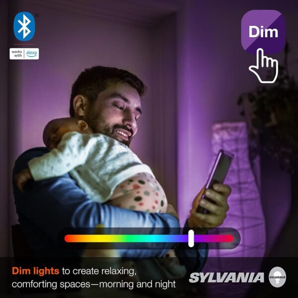 SYLVANIA Bluetooth Mesh LED Smart Light Bulb, One Touch Set Up, A19 60W Equivalent, E26, RGBW Full Color & Adjustable White, Works with Alexa Only - 2 Count (Pack of 1) (75760) - Image 4