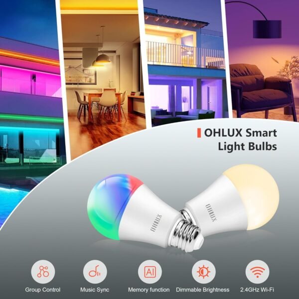 OHLUX Smart Light Bulbs, 10W (80W Equivalent) Color Changing Light Bulbs with Music Sync,Work with Alexa Google Home Siri, A19 E26 900LM 4Pack - Image 6