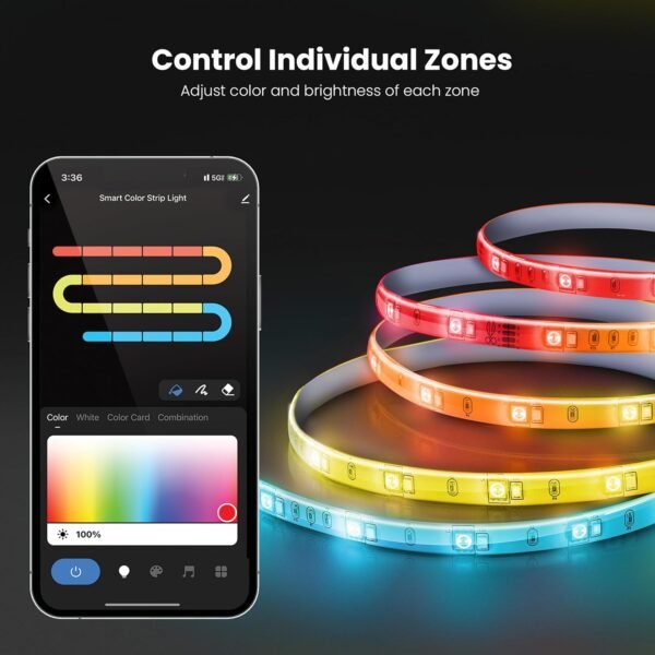 Feit Electric Smart Light Strip 16FT, Ultrathin RGBW Color Chasing LED Light Strip, 2.4GHz Wi-Fi Enabled, Works with Alexa and Google Home Assistant, Remote Control, (0.4in x 192in) TAPE192/CHASE/AG - Image 4