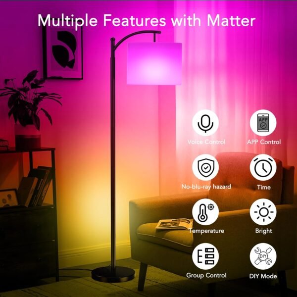 Floor Lamps with Matter Smart Light Bulb, RGB + Color Temperatures Bright Dimmable Smart Floor lamp, Living Room Standing Tall Industrial Floor Lamp (Beige Lampshade Included) -Black - Image 4