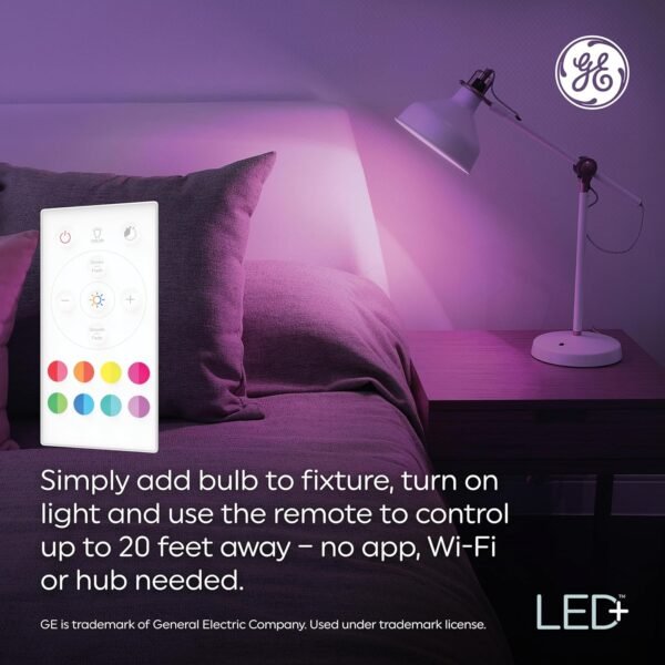 GE LED+ Color Changing LED Light Bulbs with Remote, No App or Wi-Fi Required, A19 Standard Bulbs (2 Pack) - Image 3