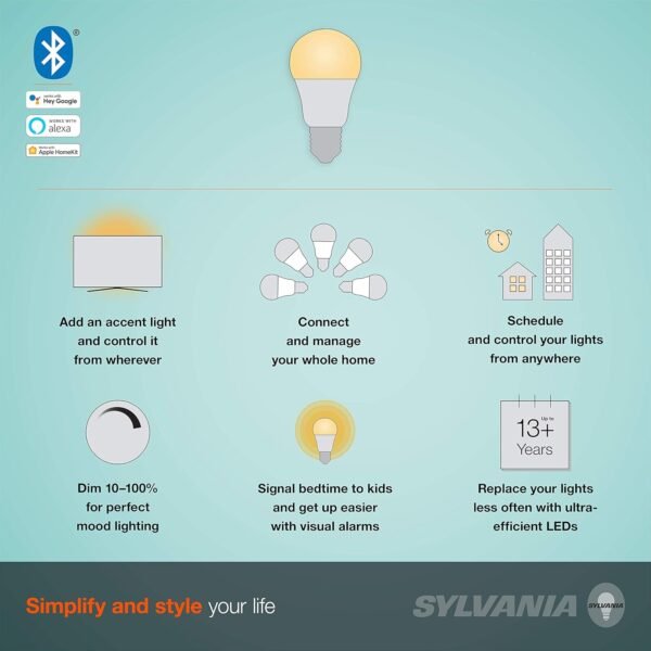 SYLVANIA SMART+ Bluetooth Soft White A19 LED Bulb, Compatible with Alexa, Apple HomeKit and Google Assistant, 1 pack - Image 6