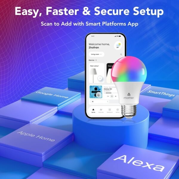 PARTPHONER Matter Smart LED Light Bulb Work with Google Home/Alexa/Apple Home/SmartThings/Siri, A19 E26 800LM Color Changing Light Bulb with Music Sync, Smart Home Integration, 2.4Ghz WiFi 4 Pack - Image 3