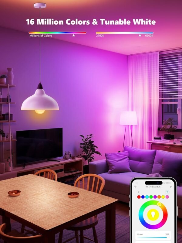 BrizLabs Smart Light Bulbs, RGBWW LED Light Bulb, Color Changing Light Bulb, App Control WiFi Light Bulb Compatible with Alexa and Google Home, 806 Lumens, A19, E26, 2.4 GHz, No Hub Required, 4 Pack - Image 2
