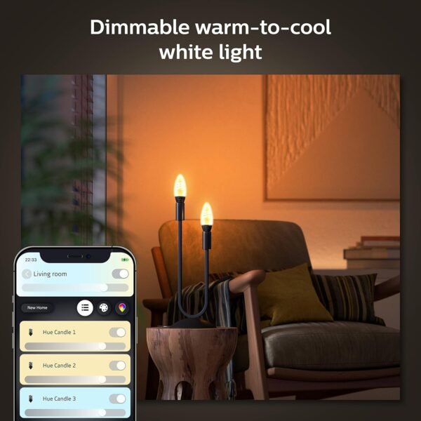 Philips Hue Smart 40W Candle-Shaped Filament LED Bulb - White Ambiance Warm-to-Cool White Light - 2 Pack - 270LM - E12 - Indoor - Control with Voice or App - Image 4