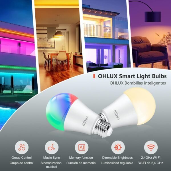 OHLUX Smart WiFi LED Light Bulbs Compatible with Alexa Google Home 900Lumen 100W Equivalent, RGBCW Multi-Color, 2700-6500k Dimmable,Voice Control 9W E26 A19 Color Changing Bulb-4PACK - Image 6