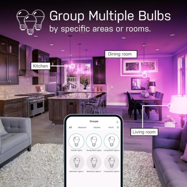 Feit Electric Smart Light Bulbs with RGB Color Changing and Tunable White, 2.4Ghz WiFi Light Bulbs, No Hub Needed, Works with Alexa and Google, Dimmable 60 Watt = LED 9W, OM60/RGBW/CA/AG/3, 3 Pack - Image 8