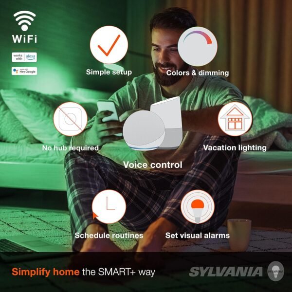 SYLVANIA Wifi LED Smart Light Bulb, 60W Equivalent Full Color and Tunable White A19, Dimmable, Compatible with Alexa and Google Home Only - 4 Pack (75674) - Image 3