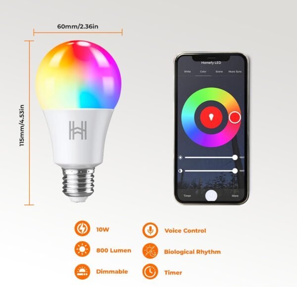 Smart Light Bulbs, A19 Multicolor LED, 2.4Ghz WiFi, 800 Lumens, Compatible with Alexa & Google Home, Music Sync, No Hub Needed, 4 Pack - Image 2