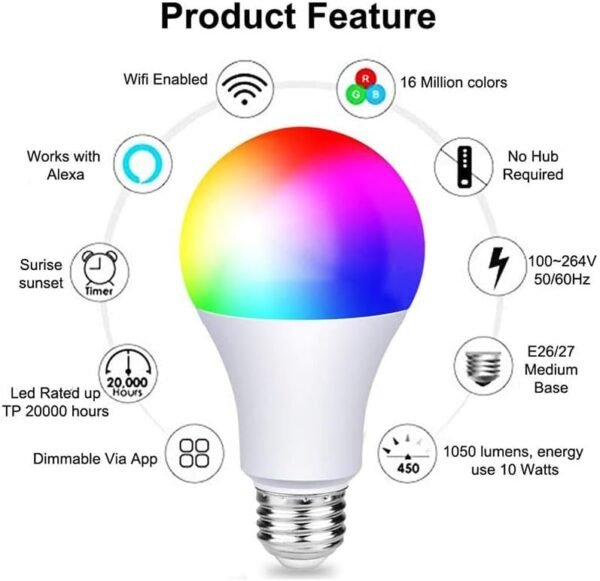Matter E27 Smart Bulb Works with Apple Homekit, Alexa, Google Home, RGBCW, Dimmable Voice Control, 9W - Image 2