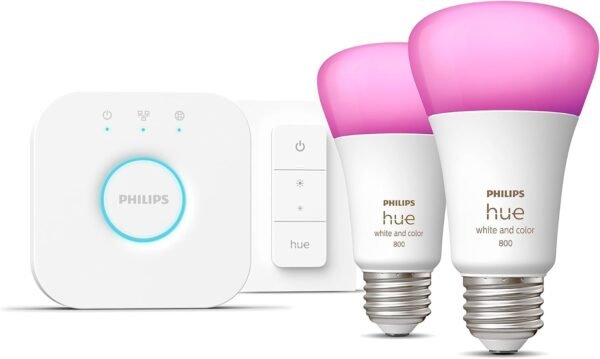Philips Hue Smart Light Starter Kit - Includes (1) Bridge, (1) Dimmer Switch and (2) A19 LED Bulbs - White and Color Ambiance Color-Changing Light - 800LM - E26 - Control with App or Voice Assistant - Image 7