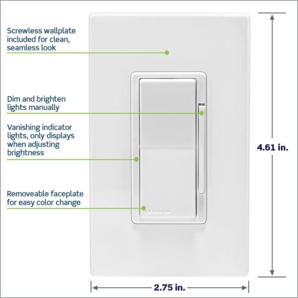 Leviton Decora Smart Dimmer Switch, Wi-Fi 2nd Gen, Neutral Wire Required, Works with Matter, My Leviton, Alexa, Google Assistant, Apple Home/Siri & Wired or Wire-Free 3-Way, D26HD-1RW, White - Image 5