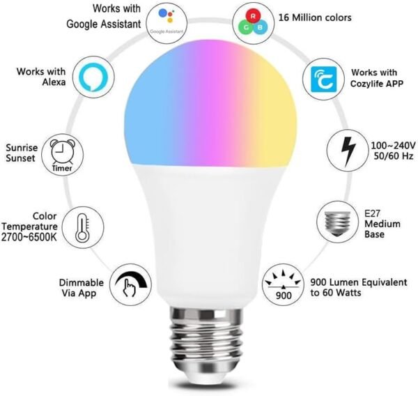 Matter E27 Smart Bulb Works with Apple Homekit, Alexa, Google Home, RGBCW, Dimmable Voice Control, 9W - Image 3