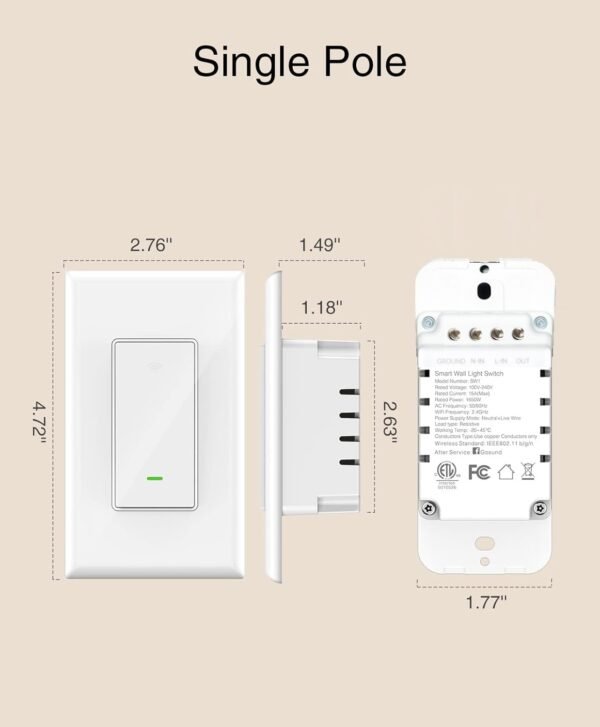 GHome Smart Switch,Smart Wi-Fi Light Switch for Lights Works with Alexa and Google Home 2.4Ghz, Single-Pole,Neutral Wire Required,UL Certified,Voice Control (4 Pack) - Image 7