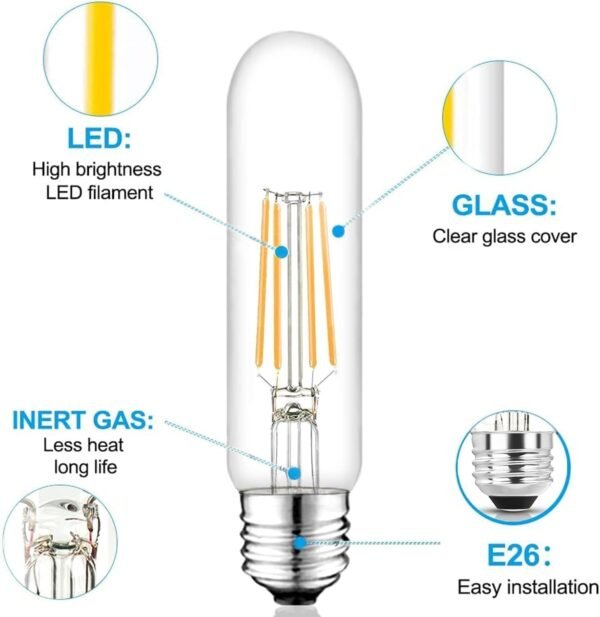 5 Inch Edison Bulb, 3000K Warm White E26 Led Bulb 6 Watt Dimmable, 800LM T10 Bulb Clear Glass Tubular Light Bulbs, AC 120V T9 Bulbs for Chandelier, Wall, Pendant Light(4 Pack) - Image 6