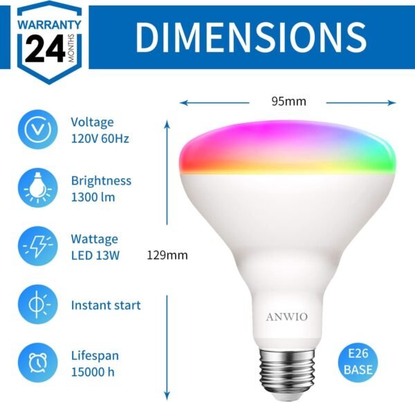 ANWIO Smart Light Bulb BR30 RGB Color Changing LED WiFi Dimmable Multicolor Light Bulbs E26 Base, Compatible with Alexa, Google Assistant, No Hub Required, 1300 Lumen 13W (100W Equivalent) 2 Pack - Image 3