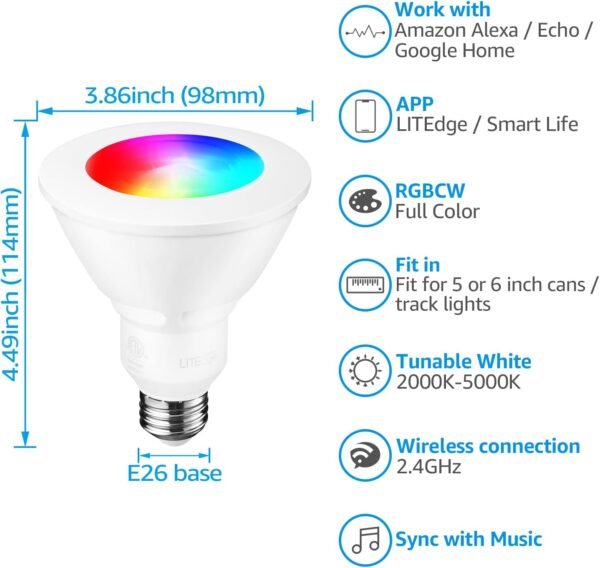 TORCHSTAR PAR30 WiFi Smart Spotlight Bulbs, RGB LED Color Changing, Google Assistant Amazon Alexa Compatible, 60W Equivalent, 2000K-5000K Tunable White CCT, E26 Base No Hub Required, Pack of 2 - Image 3