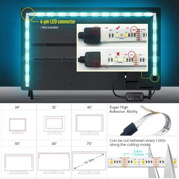 GIDERWEL Smart ZigBee 3.0 USB LED Strip Light RGBWW Kit Work with HUB Bridge TUYA Smart hub and Echo Plus for APP/Alexa Voice Control 6.56ft 5V RGB Cold Warm White RGBCCT Ambiance TV LightStrip Plus - Image 7