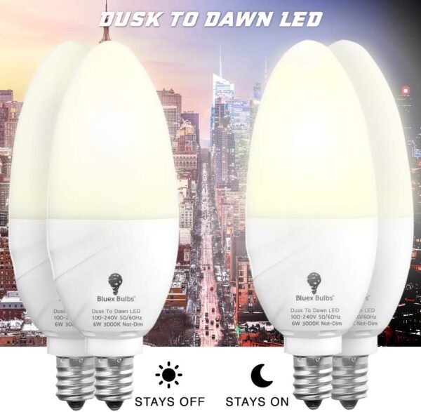 6 Pack BlueX Dusk to Dawn LED Bulbs, 6W E12 Base Light Bulb - 65W Equivalent – 3000K WarmLight White - Smart Light Sensor Candelabra Bulb, Home Security, Driveway, Yard, Porch Lighting - Image 3