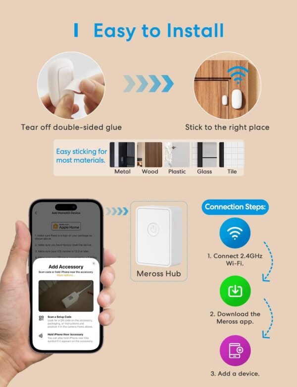 Meross Smart WiFi Door & Window Sensor Kit, Support Apple HomeKit, Alexa, SmartThings, Mini Wireless Detector Burglar Alert, 328ft Range, Home Automation for Security & Kid Safety, Meross Hub Included - Image 6