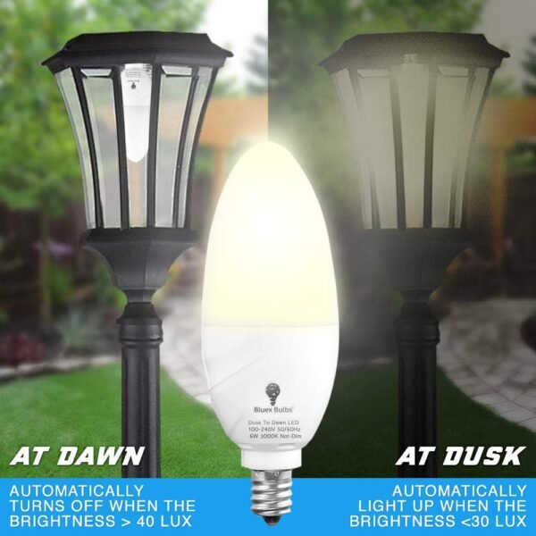 6 Pack BlueX Dusk to Dawn LED Bulbs, 6W E12 Base Light Bulb - 65W Equivalent – 3000K WarmLight White - Smart Light Sensor Candelabra Bulb, Home Security, Driveway, Yard, Porch Lighting - Image 4