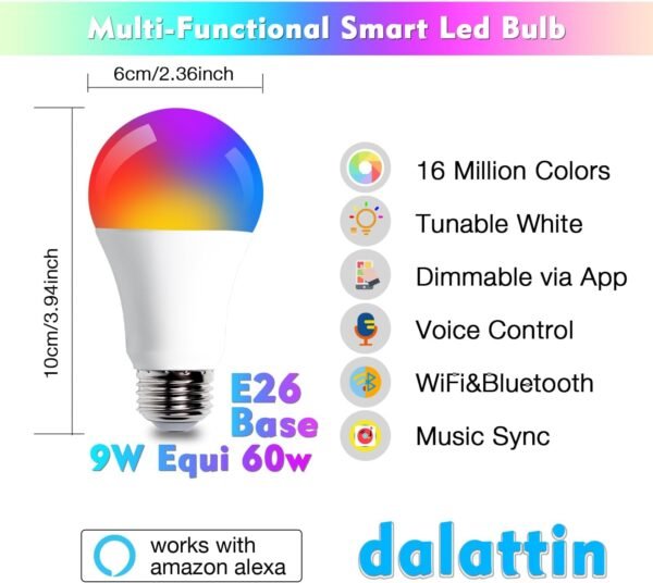 dalattin Smart A19 Led Light Bulb with WiFi & Bluetooth, RGBC W Color Changing Light Bulb, Compatible with Alexa & Google Assistant No Hub Required, E26 Led Bulb 60 Watt Equi, 800LM, 2.4GHz, 6 Pack - Image 3