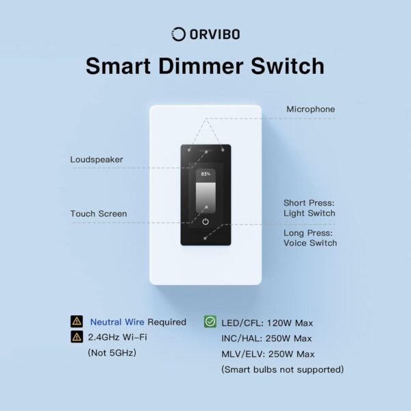 ORVIBO Matter Smart Dimmer Switch, Works with Apple Home, Alexa & Google Home, w/Weather Display, Energy Monitoring, Single Pole, Neutral Wire Required - Image 8