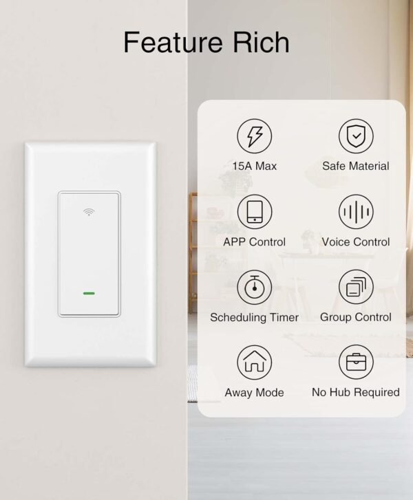 GHome Smart Switch,Smart Wi-Fi Light Switch for Lights Works with Alexa and Google Home 2.4Ghz, Single-Pole,Neutral Wire Required,UL Certified,Voice Control (4 Pack) - Image 3