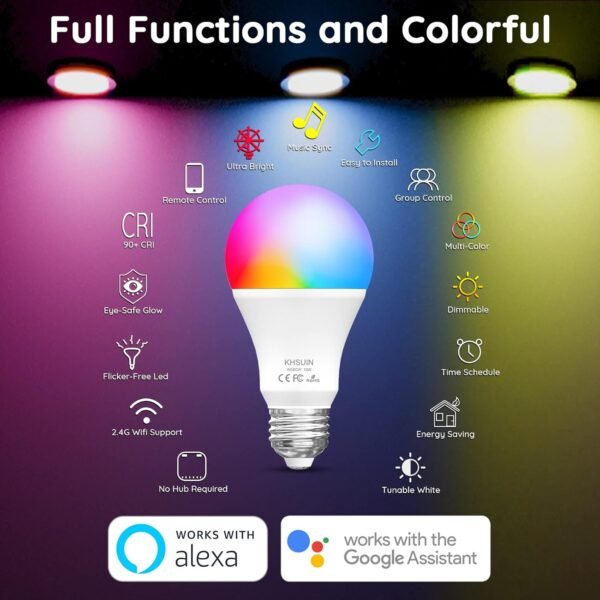 Bright Wifi Smart Light Bulbs 13W 120W Equivalent A19 Music Sync RGBCW Color Changing Light Bulb Works with Alexa,Google,1300 Lumens,2700K-6500K Tunable Alexa Light Bulb,Dimmable Smart Bulb,2 Pack - Image 4