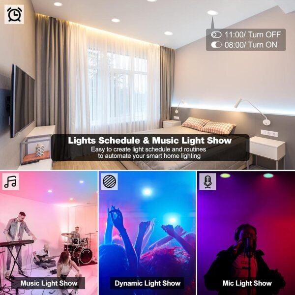 Smart Recessed Light 6Inch, WiFi & Bluetooth Downlight, APP Control, Dimmable, RGBCW, Color Changing Retrofit LED Can Light, Smart Home Lighting Compatible with Alexa Google Assistant 4Pack - Image 5