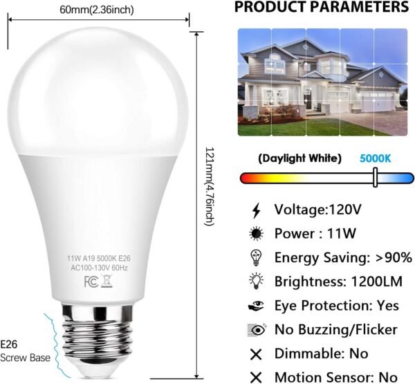 6-Pack Dusk to Dawn LED Light Bulbs, A19 11W(100Watt Equivalent), E26 Basic Automatic On/Off, 1200LM, Daylight White 5000K Smart Sensor Lights, Outdoor for Porch Garage Yard Patio Garden - Image 3