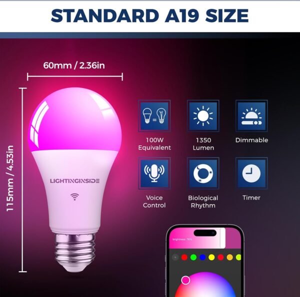 Smart Light Bulbs, 1350LM 100W Equivalent, A19 E26 WiFi Smart Bulb Compatible with Alexa & Google Assistant, No Hub Required, 2.4GHz WiFi Only, ETL Listed,1PC - Image 2